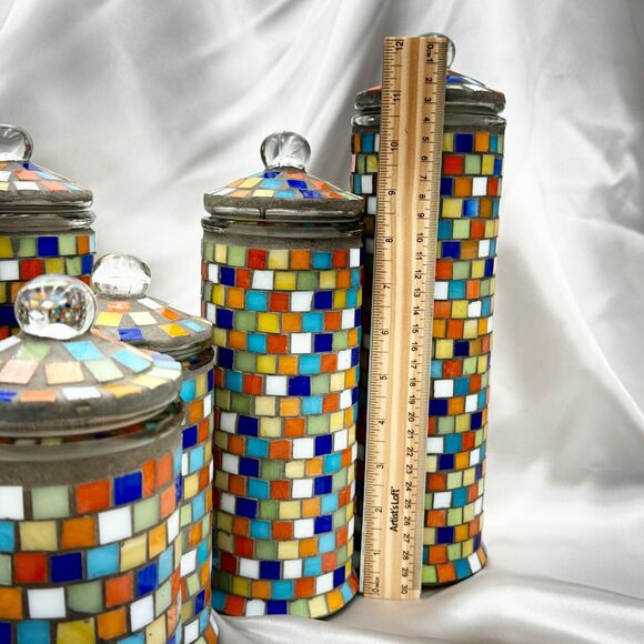 Mosaic Tiled Glass Canisters with Decorative Lids – Set of 6 (Small, Med, Large) - Picture 3 of 8
